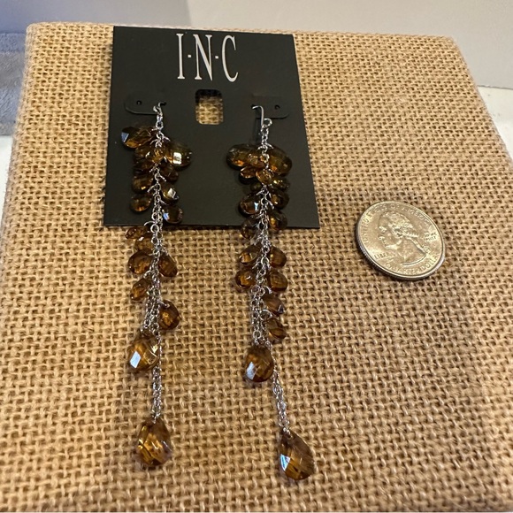 NWT INC Earrings silver tone chain Dangle, long with brown faceted crystal beads - Picture 7 of 7